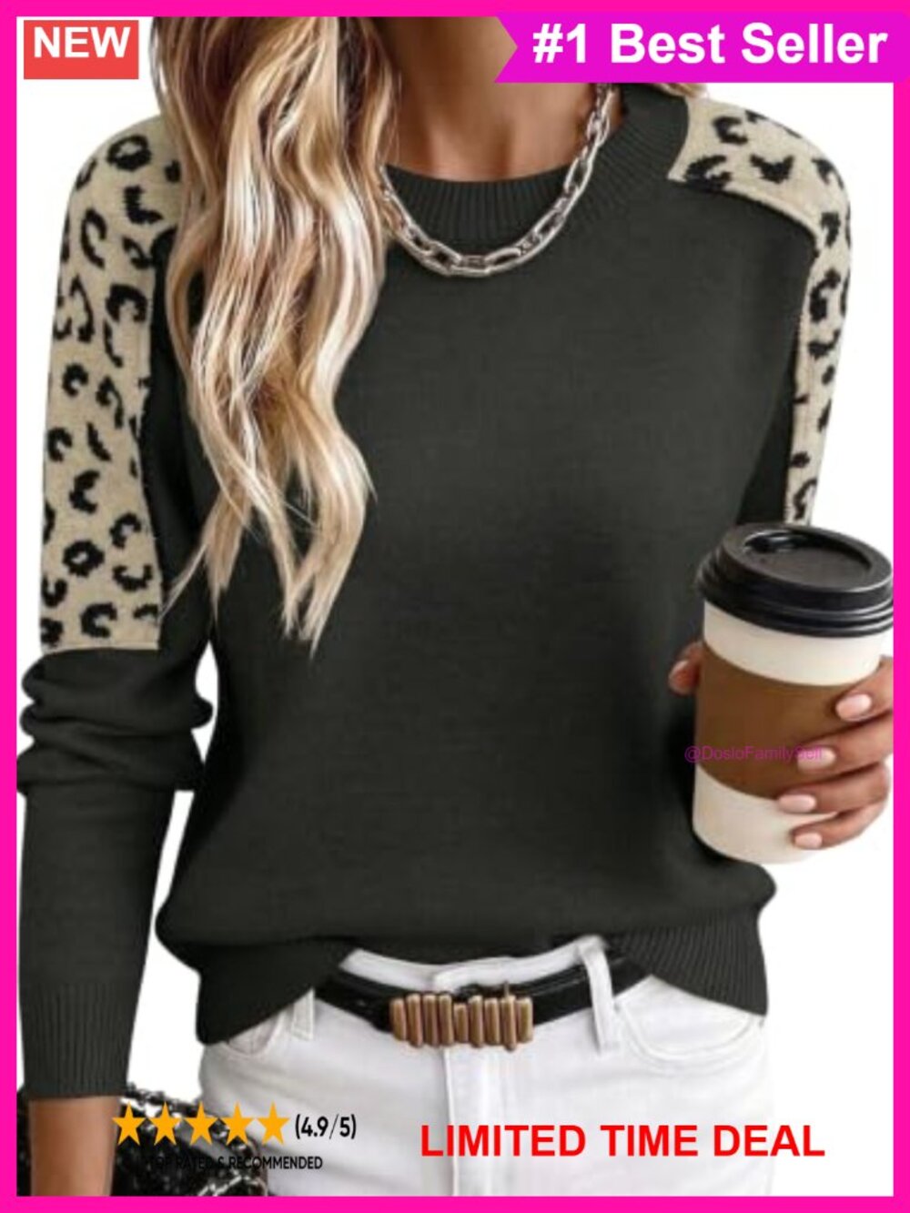 Leopard Patchwork Crew Neck Knit Pullover Sweater Long Sleeve